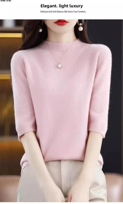2026 New Soft Short Sleeve Women's Half High Neck Overhead Wool Blend Simple Loose Thin Seven Sleeve Woolen Sweater