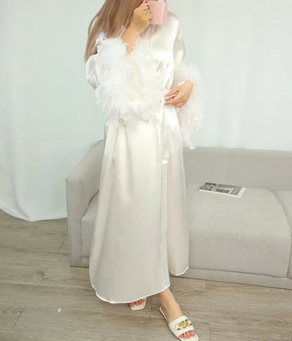 Feather Blush Kimono Robe Boudoir Wedding Floor Length Maxi Dressing Gown Robes Bride to Be Hen Party Stain Silk Lingerie