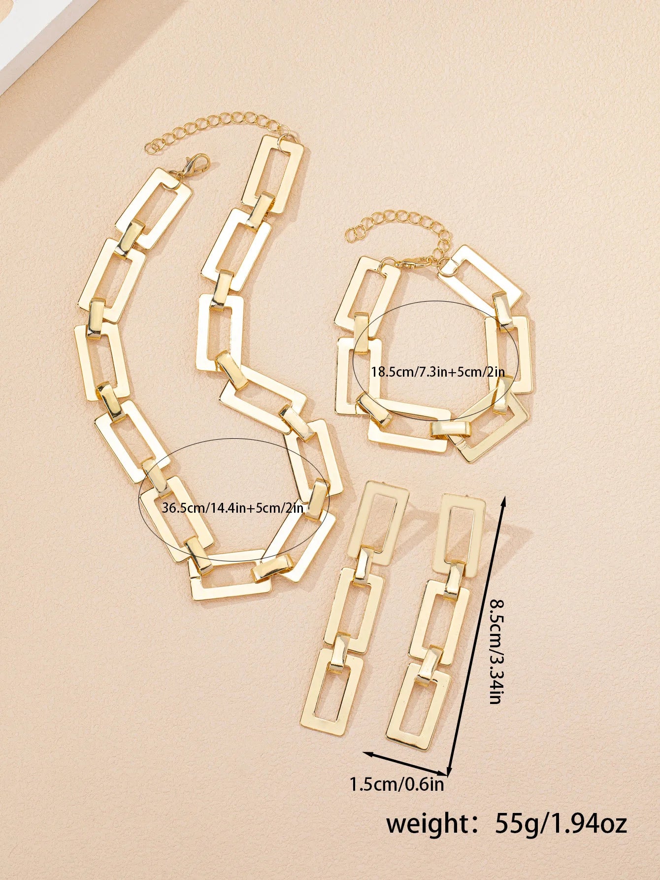 3/4PCS Stainless Steel Fashion Gold Color Geometric Chain Hollow Necklace Bracelets For Women Girl New Fashion Non-fading Set