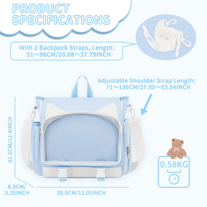 TINYAT Y2K Ita Bag Girl School Backpack Waterproof Transparent Shoulder Bag Women's Crossbody Bag DlY Display Cute Cat Ear