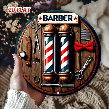 A 2D flat barber shop circular wooden sign - a return design style for homes, garages, restaurants, and cafes