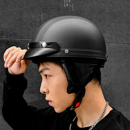 Retro Leather Motorcycle Helmets For Men Women Vintage Moto Half Helmet With Goggles Four Seasons Riding Scooter Capacetes