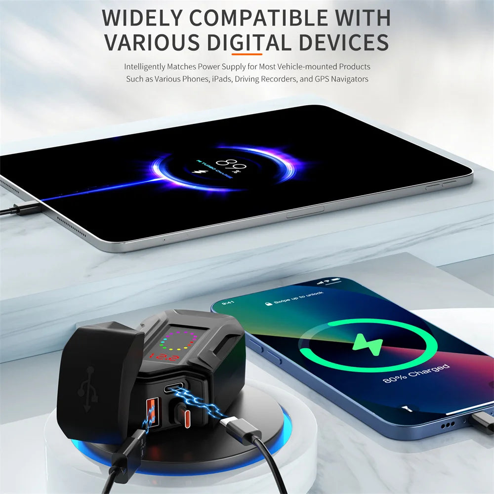 6.8A PD+QC3.0 Motorcycle Phone Charger Handlebar Dual USB Socket 60W Waterproof 12V Power Supply Adapter with Switch Voltmeter