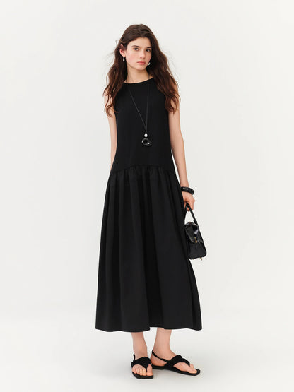 FSLE Women's Minimalist Commute Sleeveless Crew Neck Slim Fit Tank Dress 2026 Summer New Arrival Elegant Black Long Daily Dress