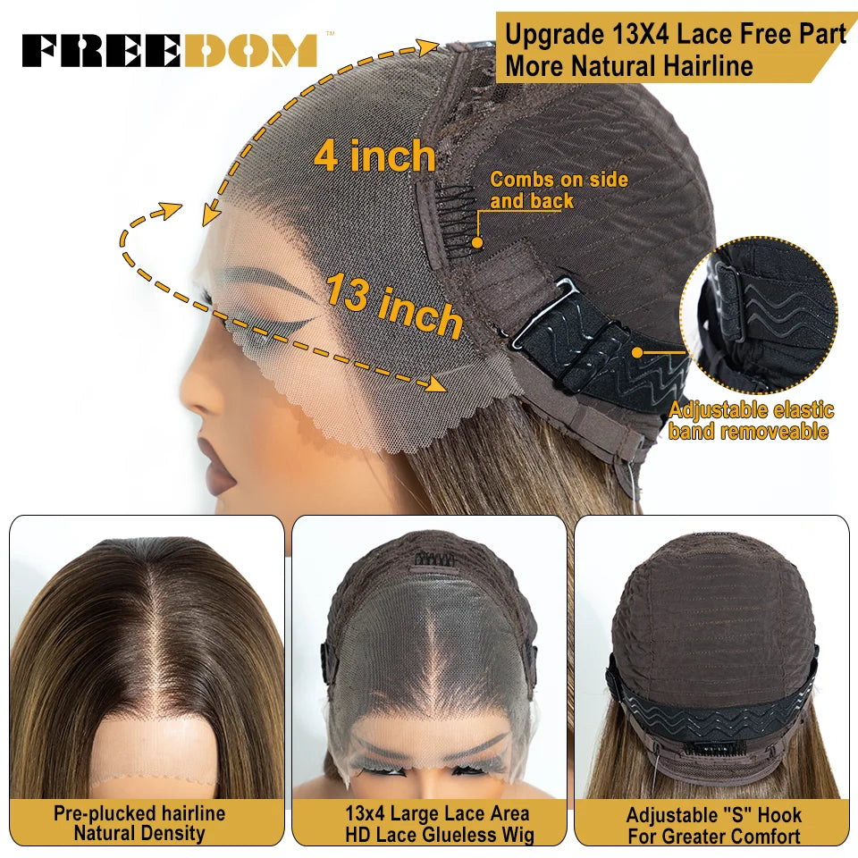 FREEDOM 13X4 Pre Plucked Synthetic Lace Front Wigs For Black Women Natural Hairline Straight 30 Inch Ombre Brown Wig Daily Use