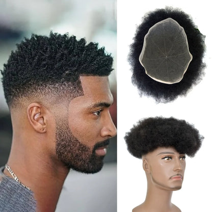 10x8 Inch Full French Lace Afro Curly Topee for Men Human Hair Prosthesis 6mm Wave Black African Men's Wig Replacement System