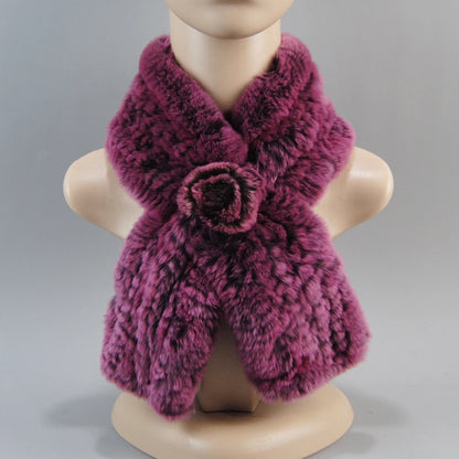 Hot Russian Women Knit Real Rex Rabbit Fur Scarf Lady Fashion Floral Rex Rabbit Fur Mufflers Hot Winter Warm Natural Fur Scarves