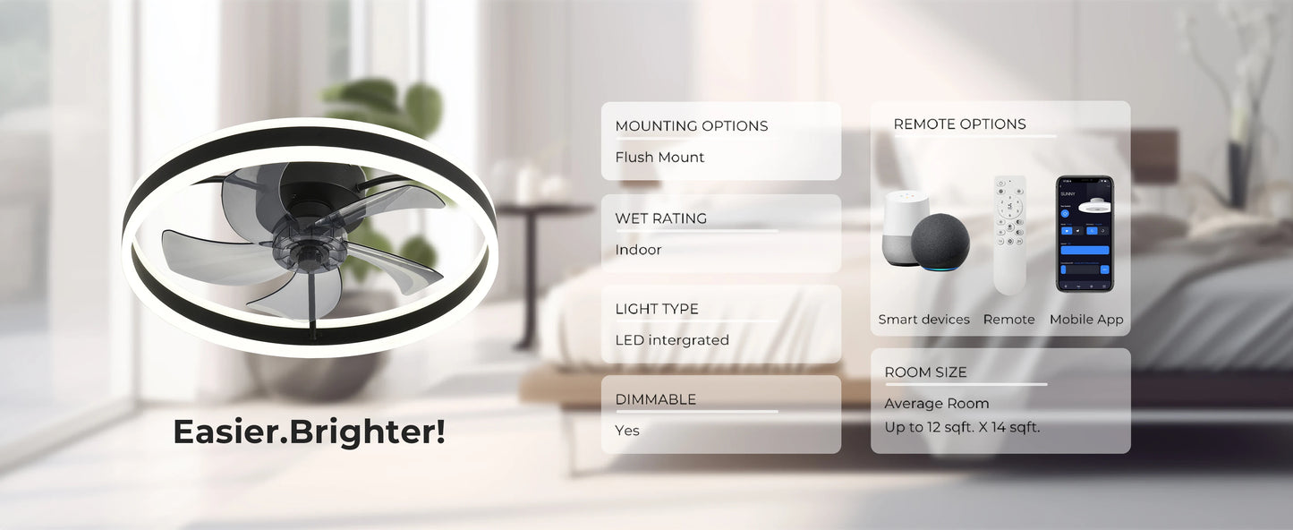 Ceiling Fan with Remote Control Flush Mount Modern Indoor 19.7" LED Dimmable Low Profile Ceiling Fans