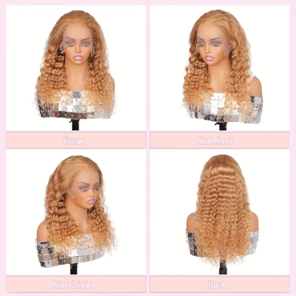 Deep Wave Honey Blonde Human Hair Wig #27 Curly HD Transparent Lace Front Wigs For Women Pre Plucked Wigs 200% Density 30 Inch