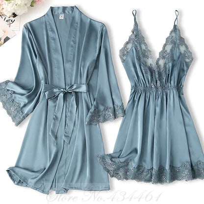 Burgundy 2PCS Robe Set Nightgown Sexy Lace Kimono Bathrobe Gown Nightdress Sleepwear Summer Satin Loose Home Wear Loungewear