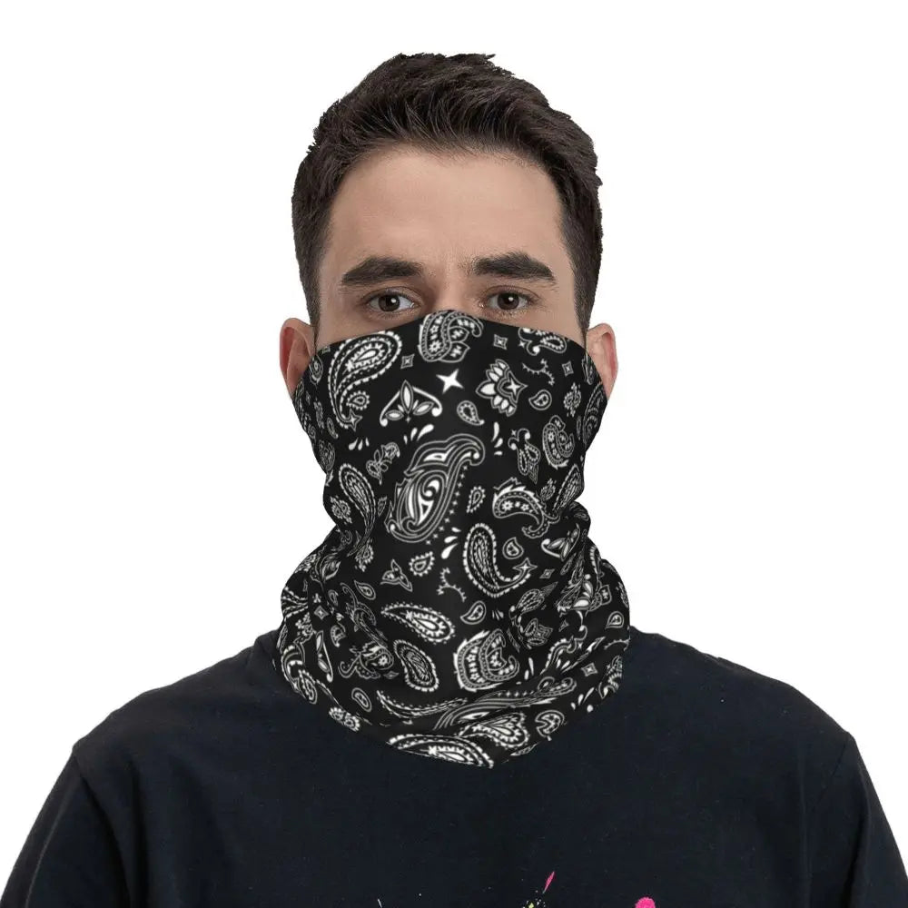 Custom Black Bandana Pattern Bandana Neck Gaiter for Hiking Cycling Women Men Wrap Scarf Paisley Style Headband Warmer