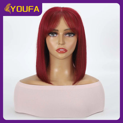 Burgundy 13x4 Lace Front Wigs With Bangs New Style 100% Brazilian Straight Human Hair Wigs Transparent Lace Frontal Bang Wigs