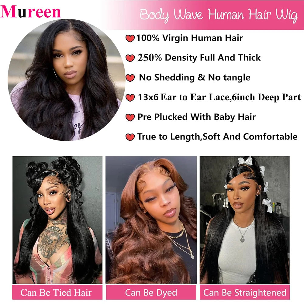 250% Density Long Body Wave 13x6 Lace Frontal Wig Human Hair For Women Pre Plucked 100% Human Hair Wigs 13X4 HD Lace Front Wig