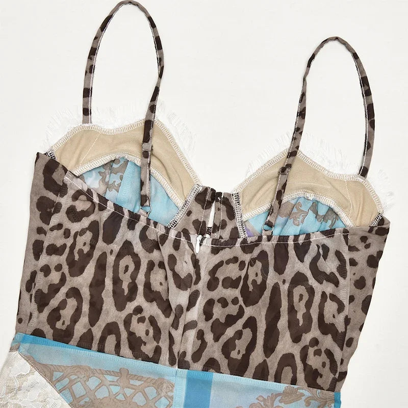 Leopard Printed Patchwork Lace Dress Women's Irregular See Though Button Sling Vestidos Sexy Summer Beach Party Gowns New