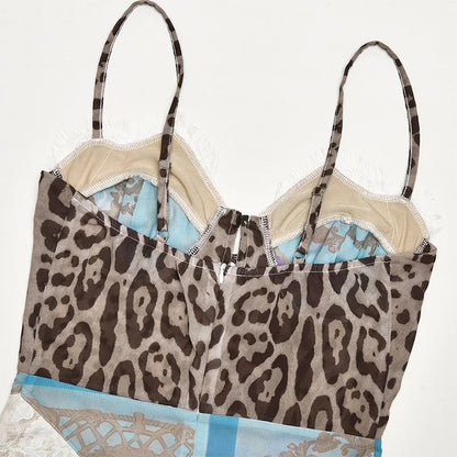 Leopard Printed Patchwork Lace Dress Women's Irregular See Though Button Sling Vestidos Sexy Summer Beach Party Gowns New
