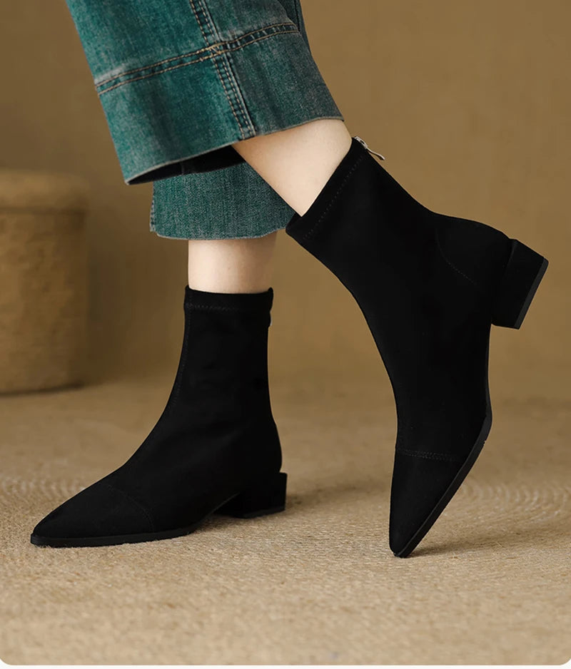 Autumn Vintage Suede Women Ankle Boots Ladies Concise Pointed Toe Thick Heel Short Botas Zapatos De Mujer