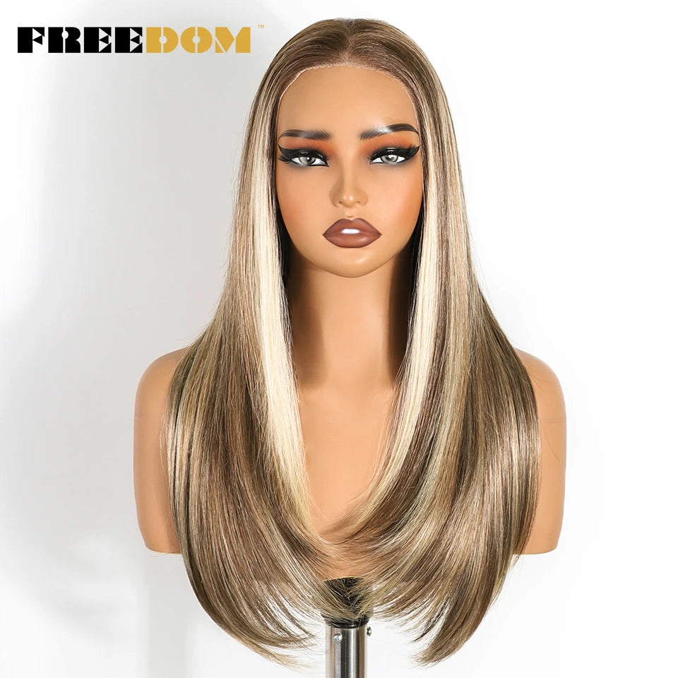 FREEDOM 9x6 Pre Plucked Synthetic Lace Front Wigs For Women Straight Layerd Wig 24" Ombre Blonde Wear And Go Glueless Lace Wigs