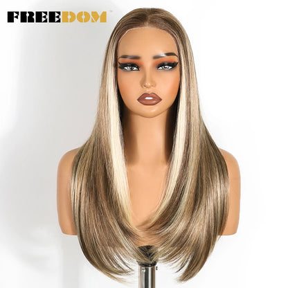 FREEDOM 9x6 Pre Plucked Synthetic Lace Front Wigs For Women Straight Layerd Wig 24" Ombre Blonde Wear And Go Glueless Lace Wigs