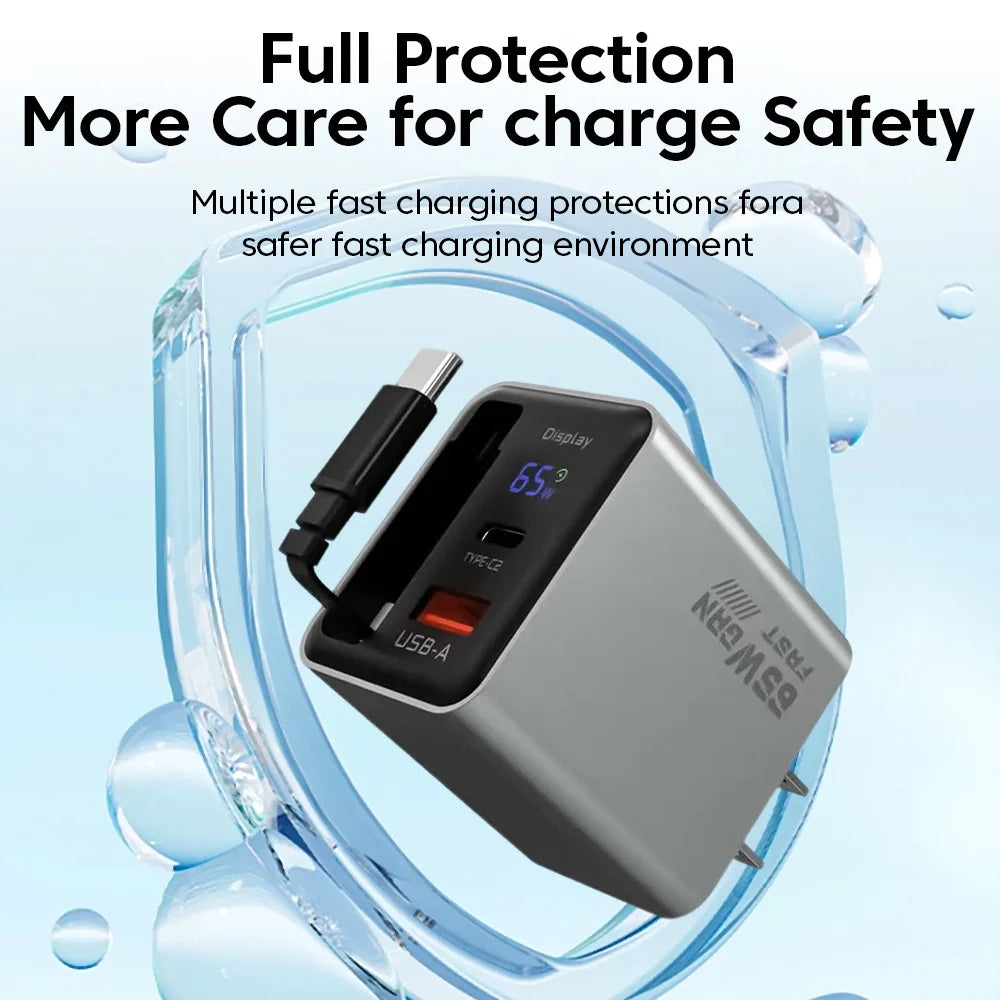 65W USB C GaN Charger Wall Charger Power Adapter Digital Display With Retractable Type C Cable For iPhone 17 16 Samsung Xiaomi