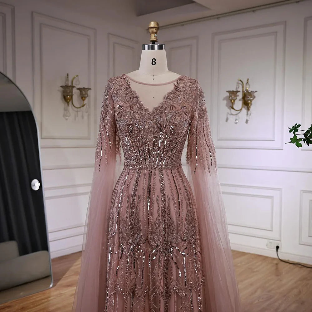 Luxury Elegant Rose Gold Beaded A Line Evening Dress with Cape Sleeves for Formal Party Serene Hill 2026 Customized CLA73056