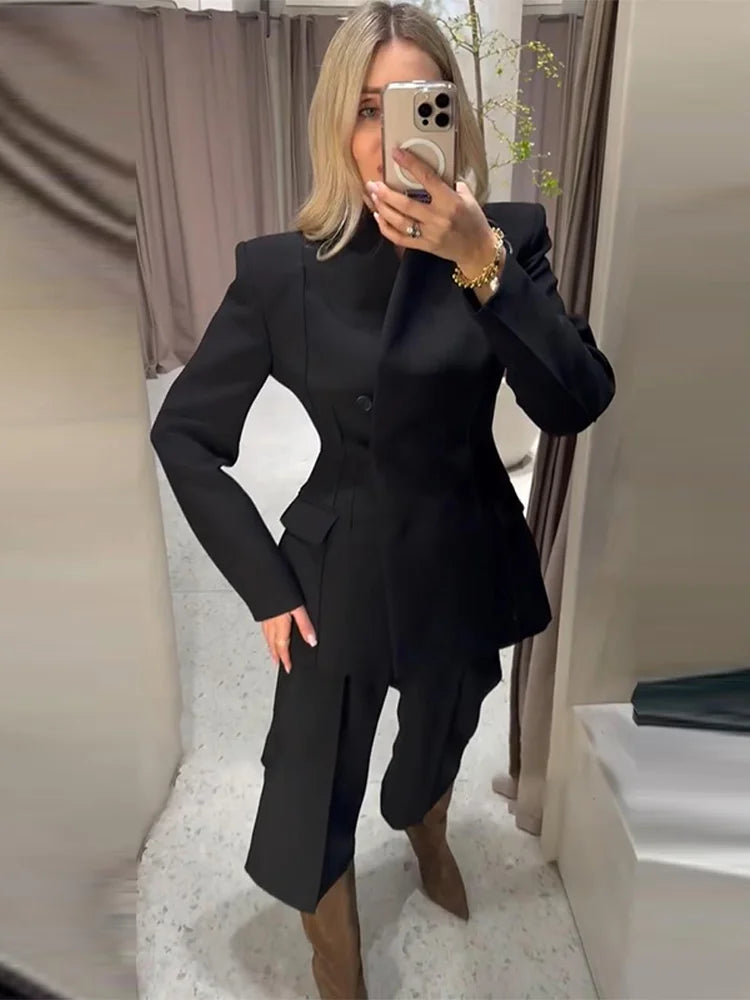 Elegant Solid Women's Blazer Trouser Suits Lapel Single-Breasted Wide Leg Pants Lady Set 2026 Spring 2 Pieces Set Women
