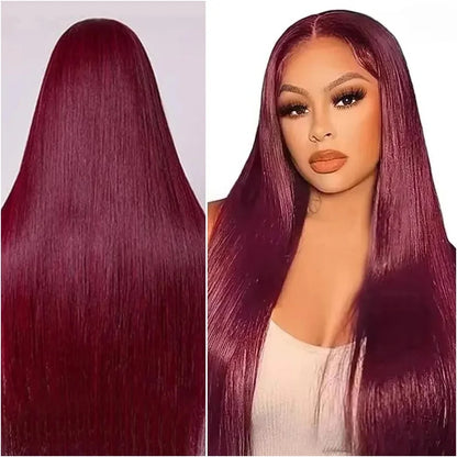 99J Red Burgundy Colored Lace Frontal Human Hair Wigs 13X6 HD  Straight Lace Front Wig250 Density Pre Plucked  Human Hair Wig