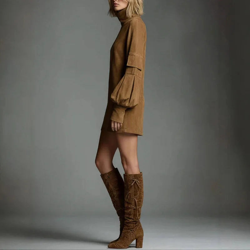 Autumn Retro Solid Suede Mini Short Dresses Sexy Turtleneck Slim Woman Pullover Dress Winter Long Sleeve Pockets Female Clothing