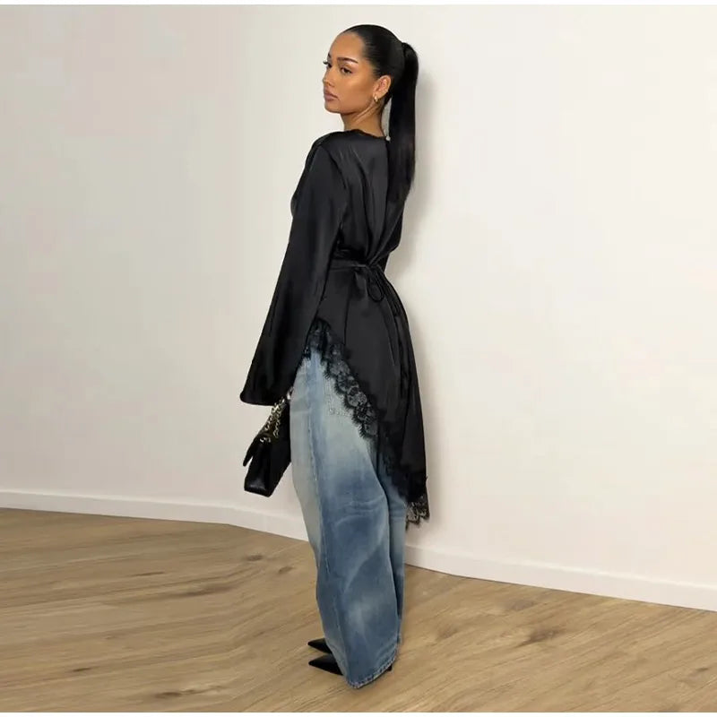 Tie Up Lace Women's Top Sexy O-neck Patchwork Irregular Full Sleeves Blouse Female 2026 Spring Fashion All Match Woman Shirts