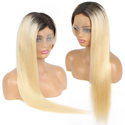 1B 613 Blonde Ombre Human Hair Wigs 13x6 Lace Front Wig Pre Plucked HD Transparent Lace Blond Black Roots Straight 180% Density