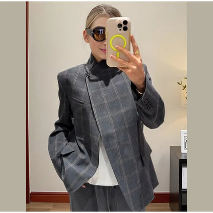 Irregular Plaid Blazer Jacket Women Fashion Stand Collar Full Sleeve Split Loose Short Coat 2026 Lady Daily Commute Outerwear