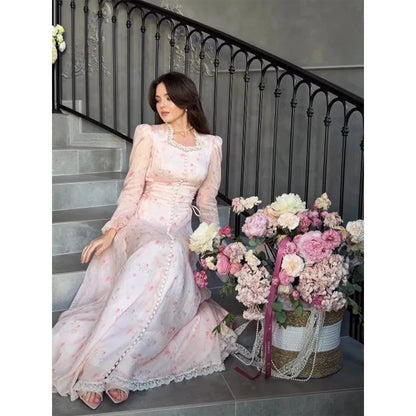 Pink Printed Women's Dress Fashion Wide Shoulder Straps And Pleated Hem Cinched Waist Vestido 2026 Lady Party Vacation Gowns