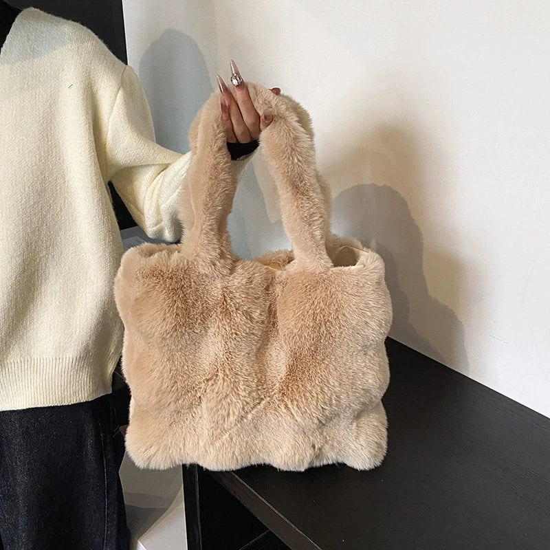 Women's Fluffy Plush Shoulder Bag Autumn Winter Top-Handle Solid Color Tote Versatile Commuter Handbag for Girls