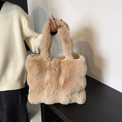 Women's Fluffy Plush Shoulder Bag Autumn Winter Top-Handle Solid Color Tote Versatile Commuter Handbag for Girls