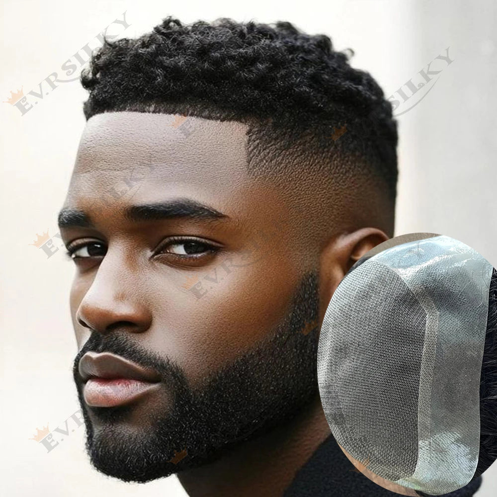 Invisible Lace&PU Australia Base 6mm Afro Kinky Curly African American Men's Toupee Jet Black Durable 100% Human Hair System
