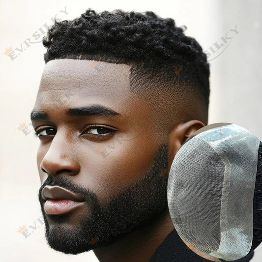 Invisible Lace&PU Australia Base 6mm Afro Kinky Curly African American Men's Toupee Jet Black Durable 100% Human Hair System