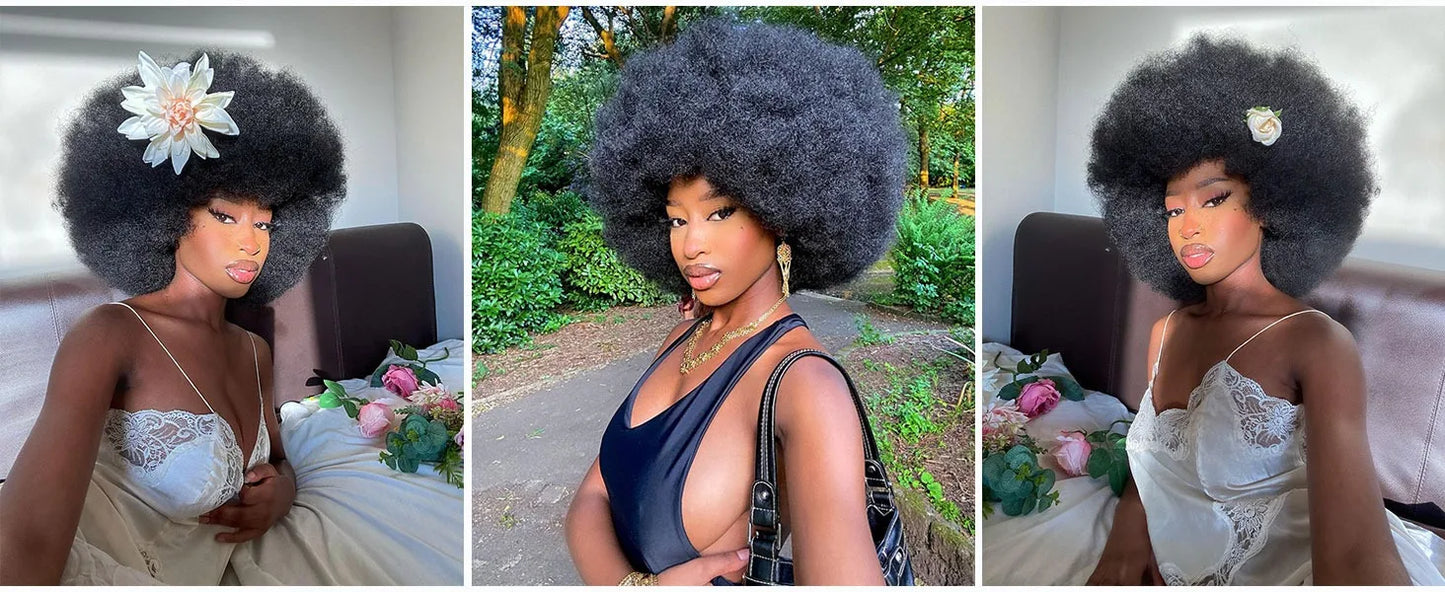 Afro Fluffy Curly Human Hair Wigs 70S Jerry Curl Wig One Wig Two Stlyes Glueless Wig Puffy Bouncy Wig Bouncy Wet and Dry Styling