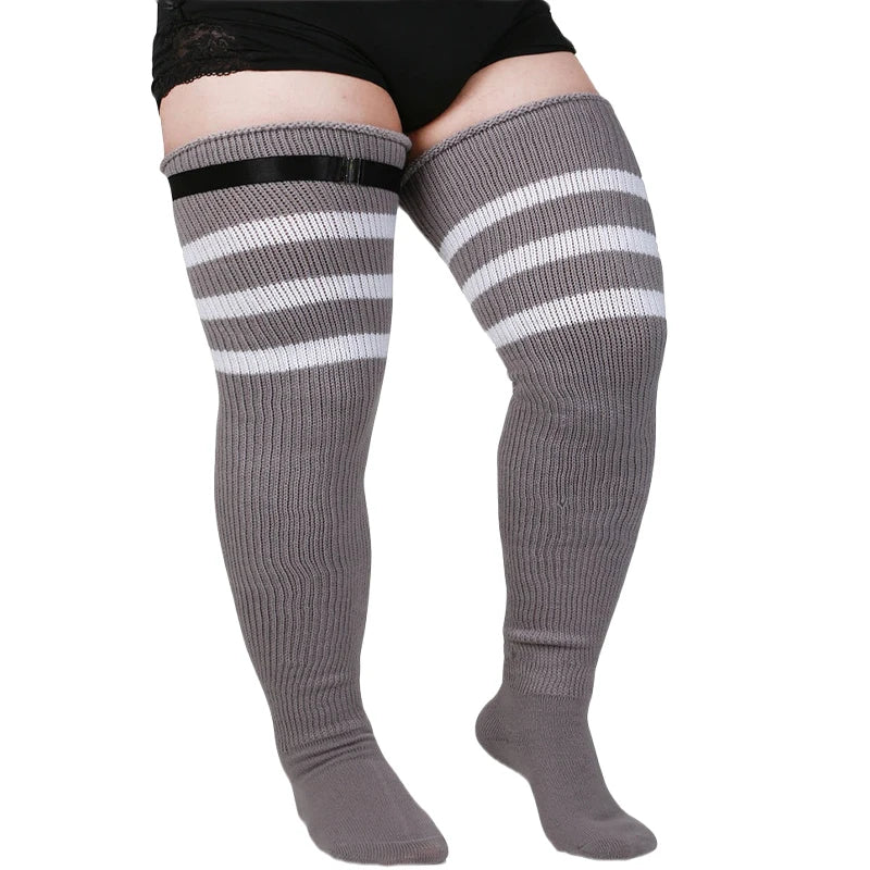 Women's Striped Plus Size Thick Thigh-High Socks Collection Big Girls Acrylic Yarn Stretch Colorful Streaks Leg Warmer Socks