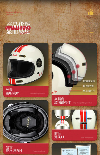 BEASLEY Retro Helmet Men's Women's Cruise Motorcycle Fiberglass Full Helmet Carbon Fiber Motorcycle Helmet DOT Certification