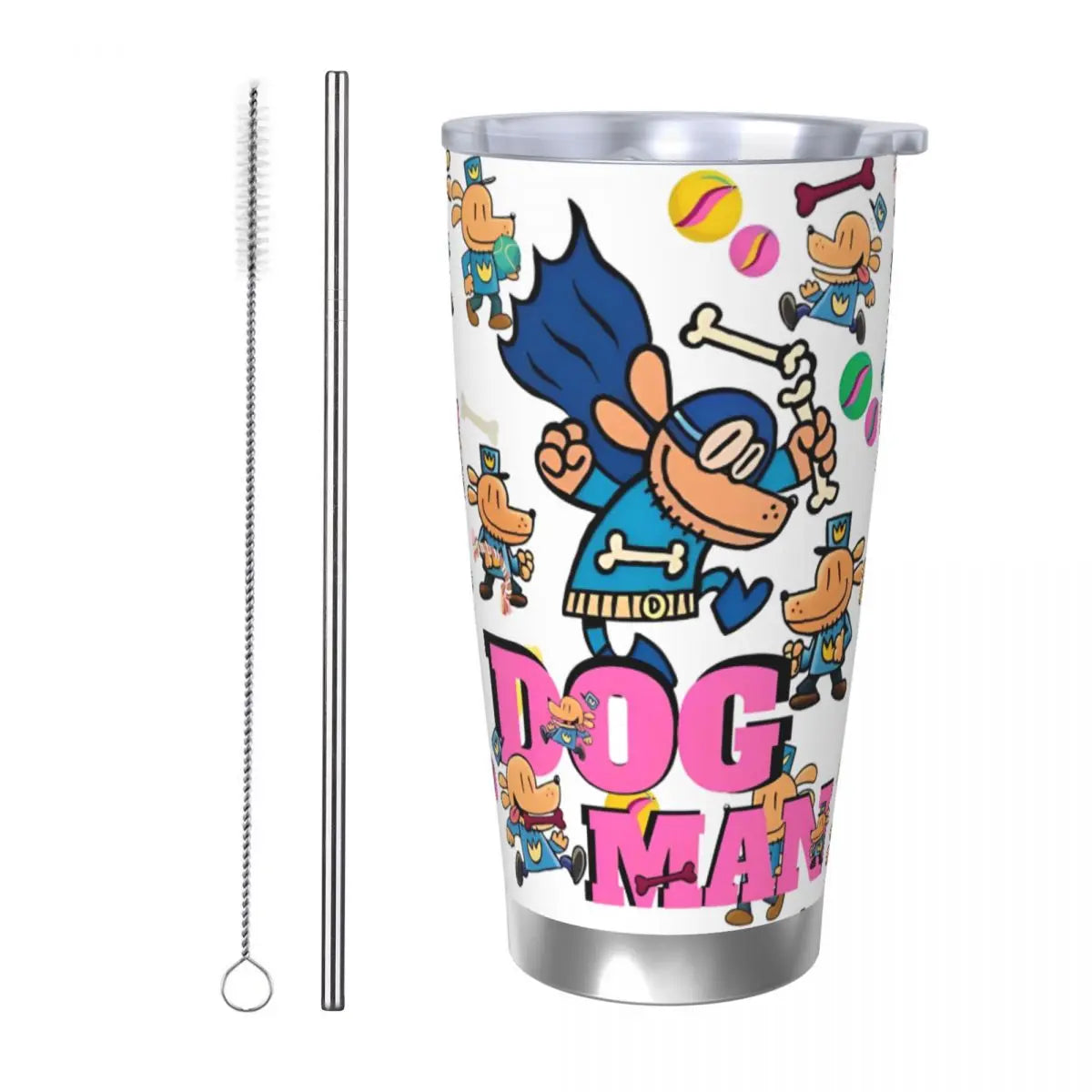 Dog Man Dogman Movie Comic Insulated Tumbler with Straws Cartoon Stainless Steel Thermal Mug Double Wall Car Bottle Cups, 20oz