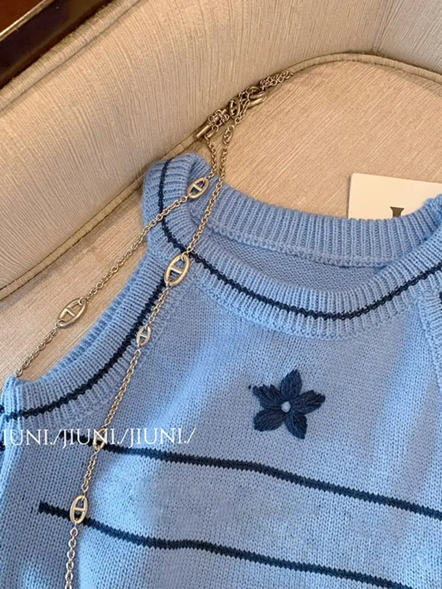 Women's Clothing Fashionable Slim O-neck Knitted Tanks Summer Sexy Chic Geometric Embroidery Sleeveless Tops