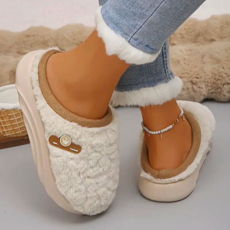 Thick Sole Plush Winter Slippers for Women Indoor House Chunky Platform Fluffy Slippers Woman Non Slip Warm Couples Cotton Shoes