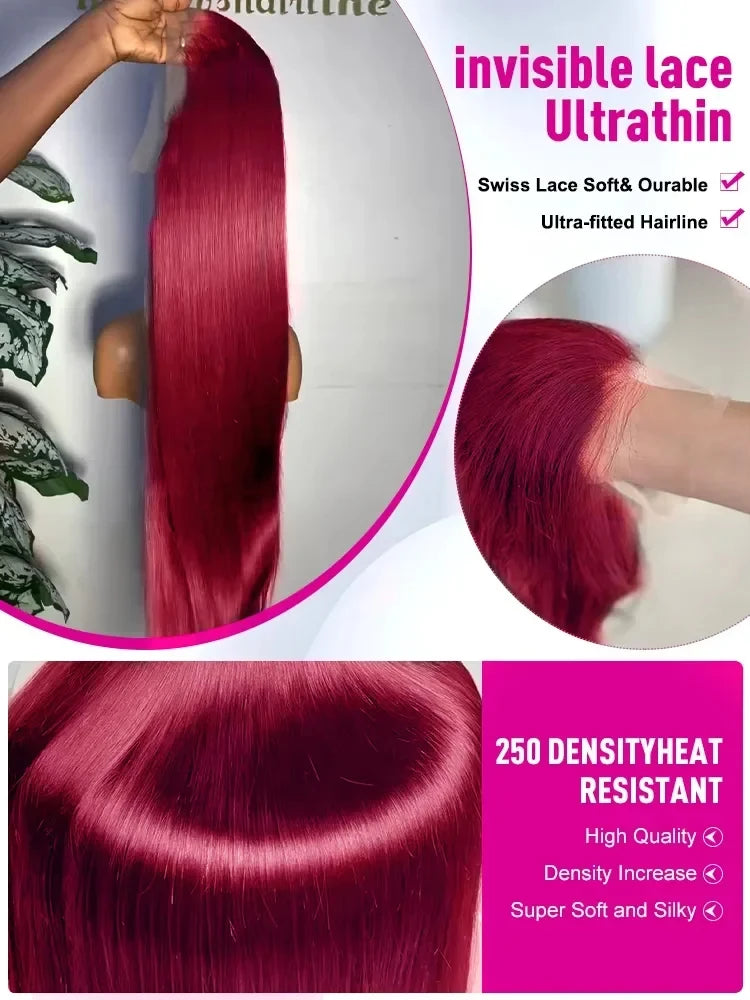 Bone Straight Human Hair Wigs Burgundy 13x6 Hd Lace Frontal Human Hair Wig 99j 13x4 Hd Lace Wigs 200% High Density 36 Inch