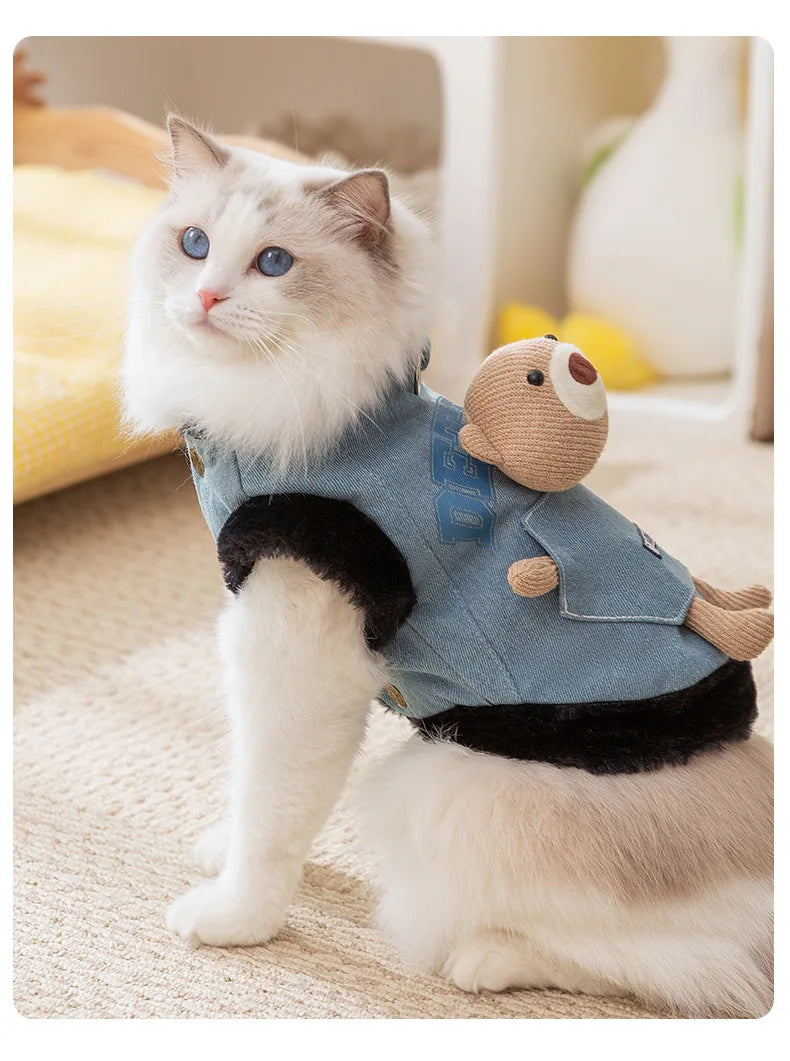 Cat autumn and winter thickened warm pocket three-dimensional bear denim traction vest small dog dog pet clothes