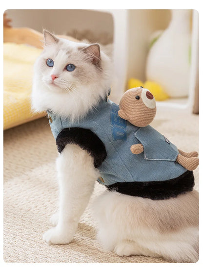 Cat autumn and winter thickened warm pocket three-dimensional bear denim traction vest small dog dog pet clothes