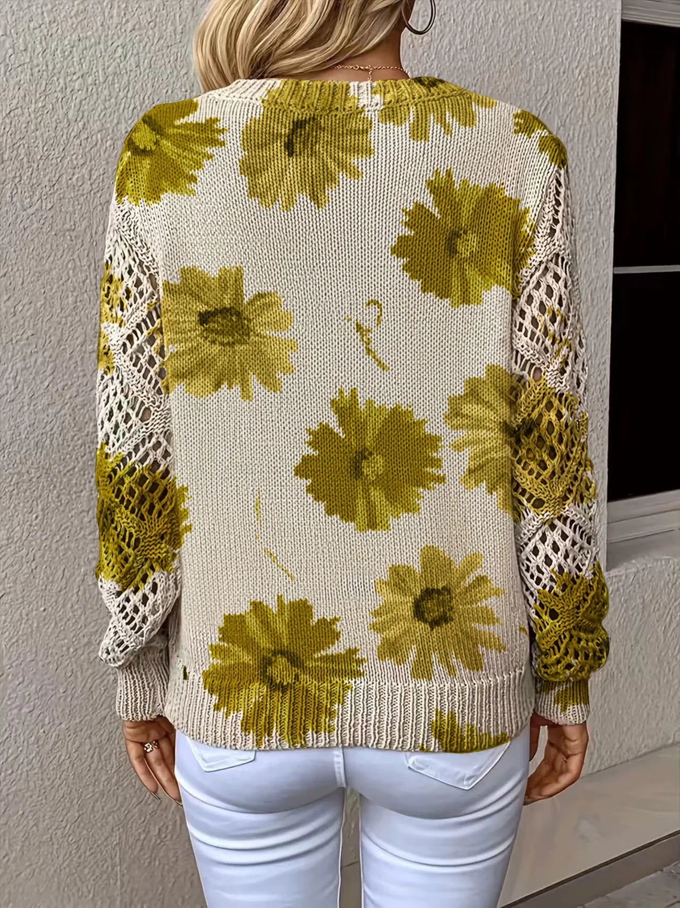 V-neck Fashionable Floral Print Cutout Sleeves Bohemian Pullover Sweater Ropa De Invierno Para Mujer Abbigliamento Donna Autunno