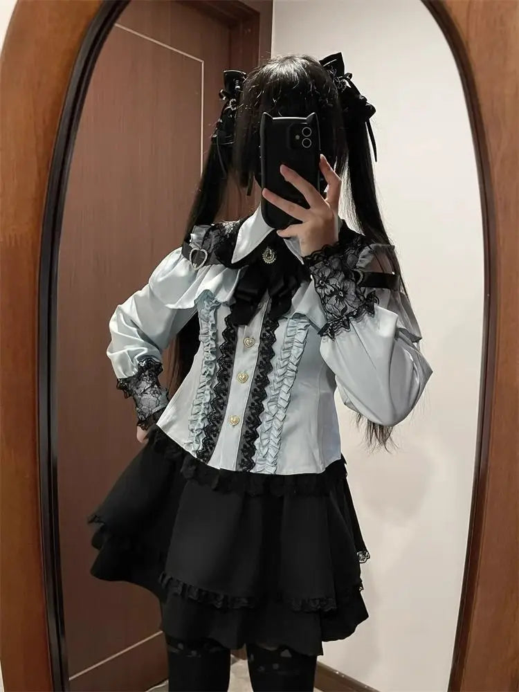 Gothic Women's Clothing Shirt Long Sleeve Lolita Blouse Japanese Bow Tie Sweet Cute Tops Design Streetwear Y2k Retro Blouse New