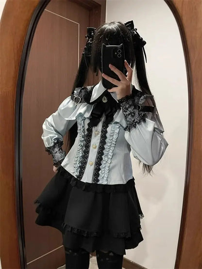 Gothic Women's Clothing Shirt Long Sleeve Lolita Blouse Japanese Bow Tie Sweet Cute Tops Design Streetwear Y2k Retro Blouse New