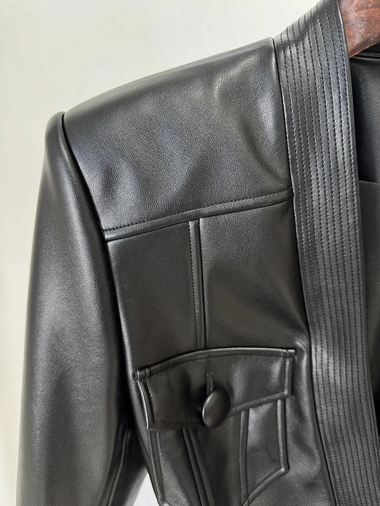 2025 new luxury and fashionable women's clothing belt slim fit leather jacket with multiple pockets motorcycle jacket jacket