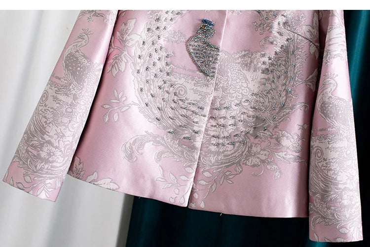 Luxury Beaded Pink Chinese Style Women's Top 2025 Loose Shoulder Embroidery Jacquard Elegant Fashion Blouse Outerwear