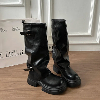 Women Double Buckle Slouch Knee High Boots Round Toe Platform Thick Sole Leather Tall Boots Street Casual Daily Ladies Boots